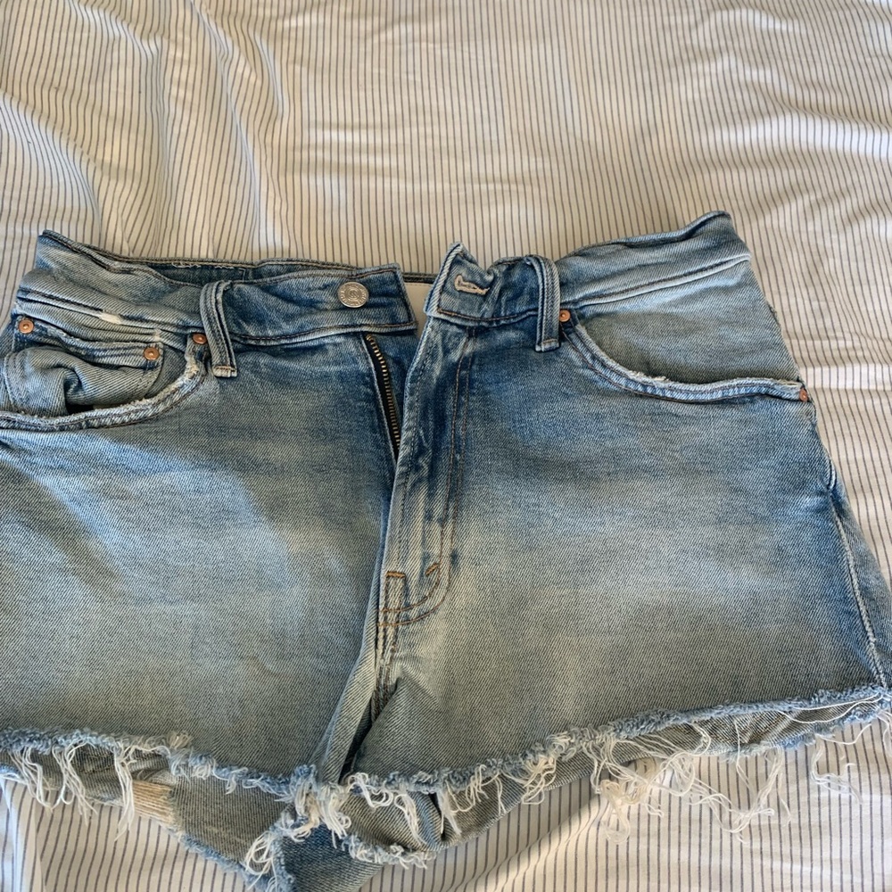 MOTHER Light Blue Frayed Jean Shorts